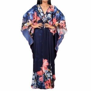 Bsubseach Women  Kaftan Beach Dress Plus Size Swimsuit Coverup Navy Floral